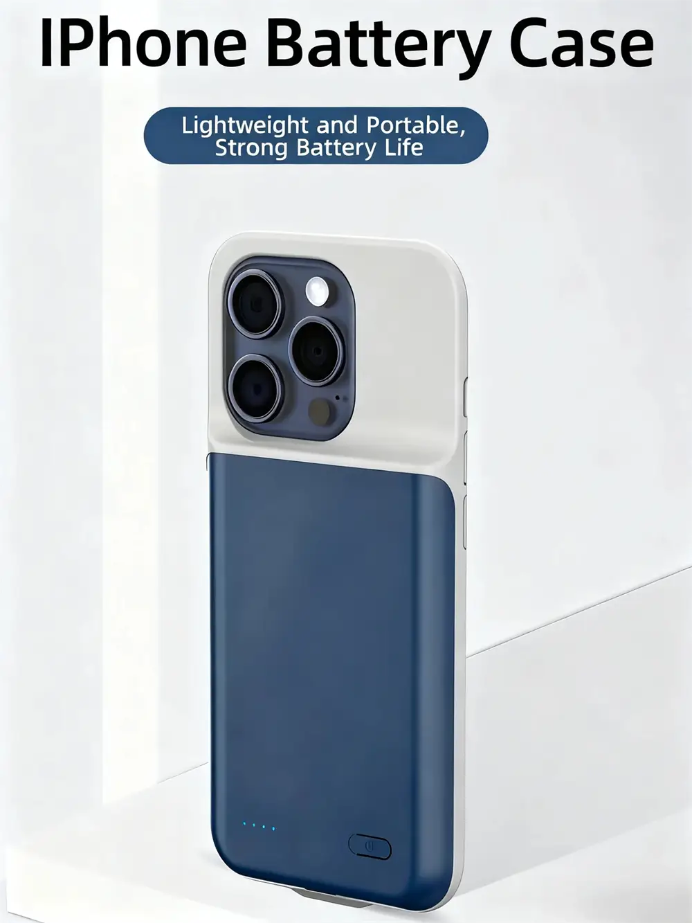 Eine elegante zweifarbige Pro-Max-Akku-Ladehülle für iPhone 16- und 17-Serien mit einem weißen oberen Bereich und einer dunkelblauen unteren Fläche mit integriertem Powerbank-Design.
