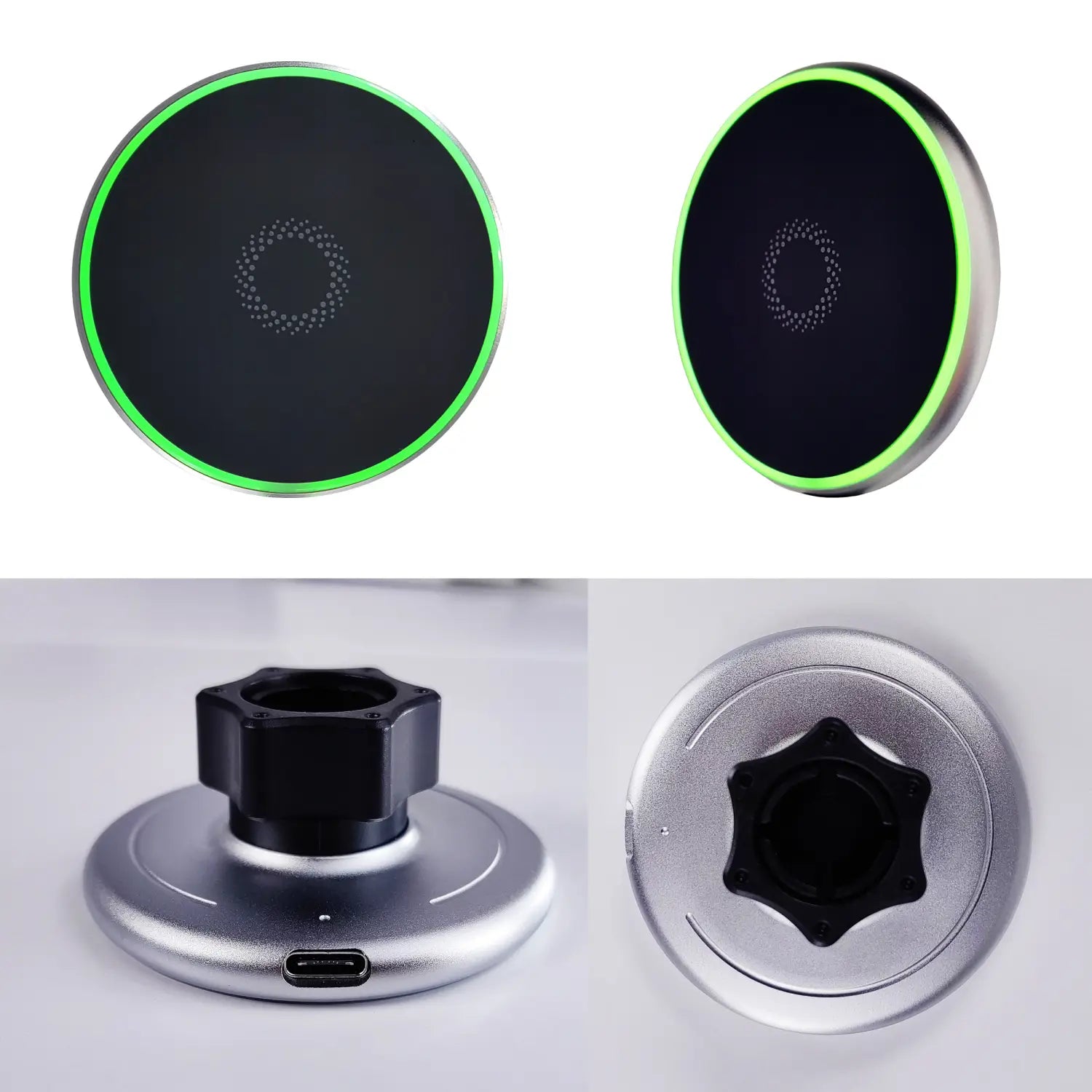 Montage de charge sans fil pour support de téléphone circulaire Ford F150 argenté, avec centre noir, anneau DEL vert lumineux et base de charge magnétique pour une fixation sûre du téléphone.