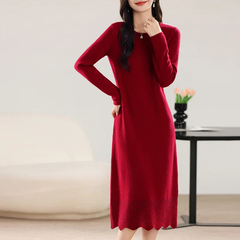 100% Pure Wool Women's Long Dress Winter Loose Round Neck Pullover Sweater Skirt Knit Bottoming Dress