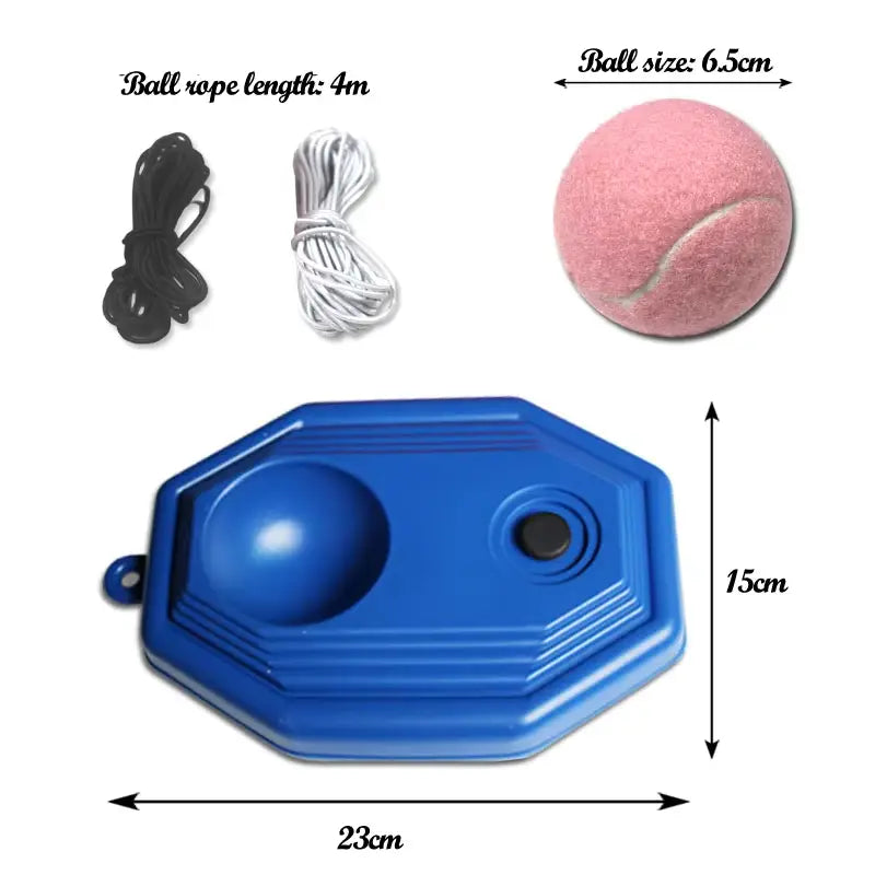 Blue octagonal tennis rebounder solo training device with built-in magnetic ball holder and measurement markings for solo practice and ball control.