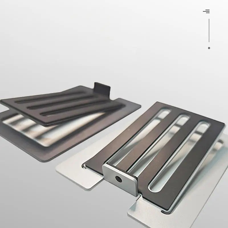 Modern metallic aluminum desktop speaker stands with a sleek minimalist design and adjustable 16 degree tilt angle.