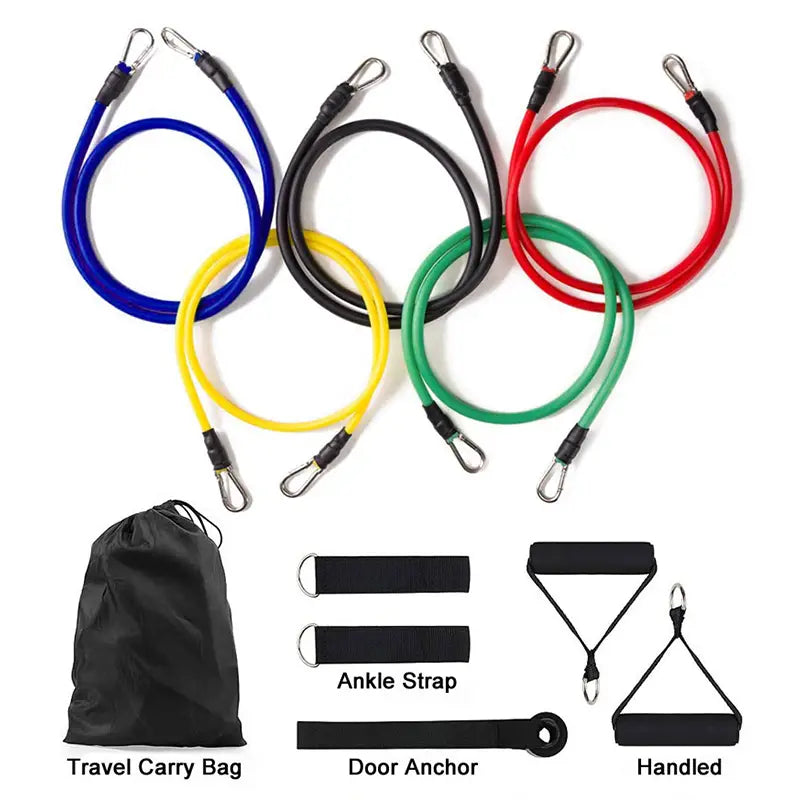 Lot de bandes de résistance colorées avec mousquetons métalliques et accessoires d’entraînement, conçu pour des séances de fitness offrant jusqu’à 100 lb de résistance.