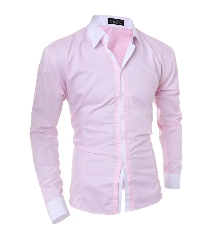 Men striped slim fit long sleeve casual shirt in pink with a slim fit textured weave and contrasting white collar and cuffs.
