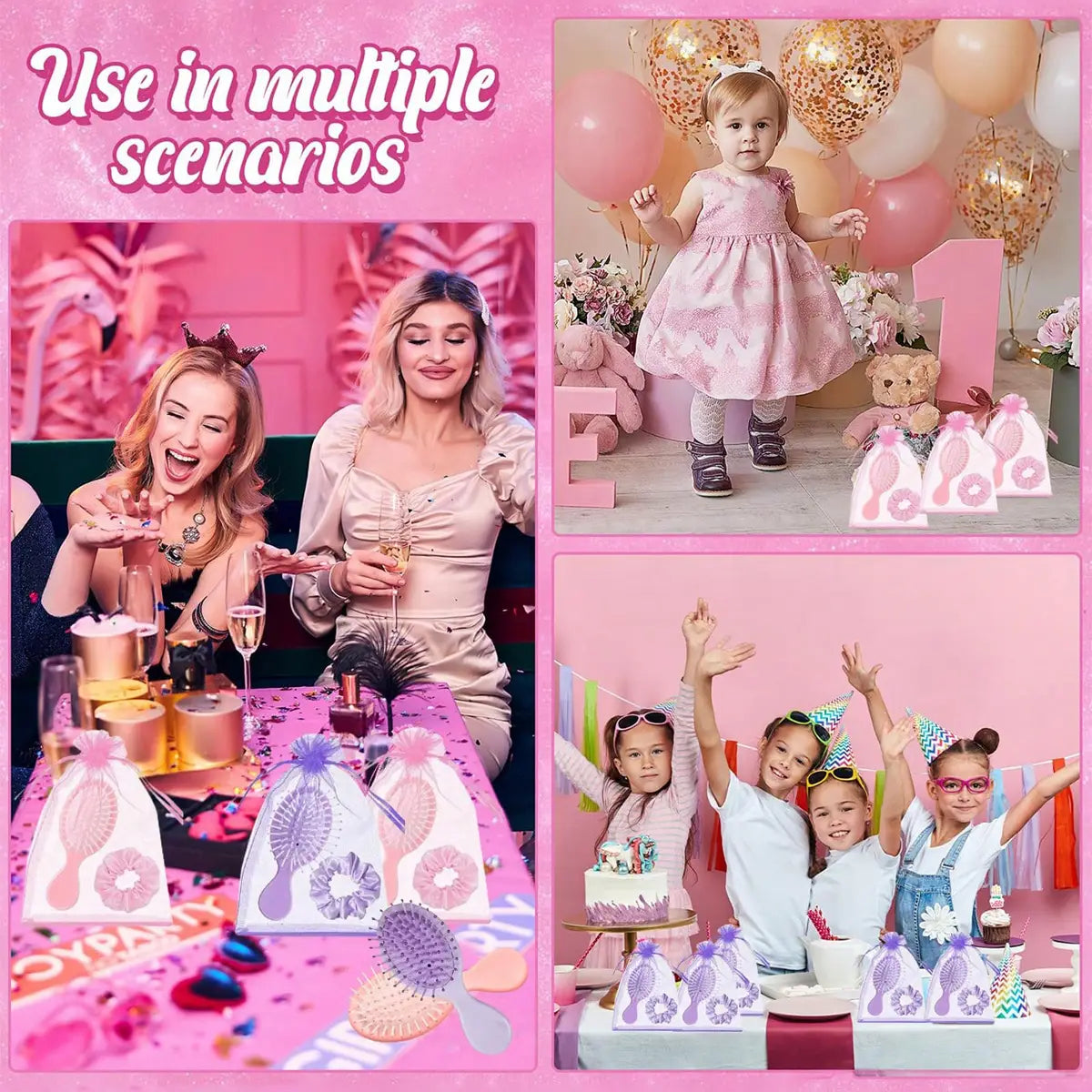 ブライズメイド用ヘアブラシおよびシュシュのギフトセット用のパッケージとして、ブラシのデザインとレースのような模様が施されたピンクおよびホワイトの装飾用ギフトバッグ。