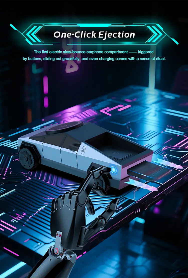 Futuristic silver and black electric earphone compartment with a sleek angular design resembling a miniature truck in the Cybertruck 3-in-1 wireless charging station.