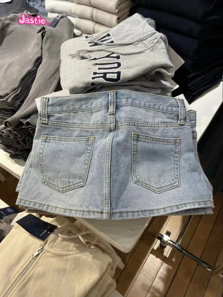 Casual Women Blue Denim Mini Skirts Summer Vintage High Waist Pockets A-line Skirts Female Y2k Streetwear Slim Bottoms 2024