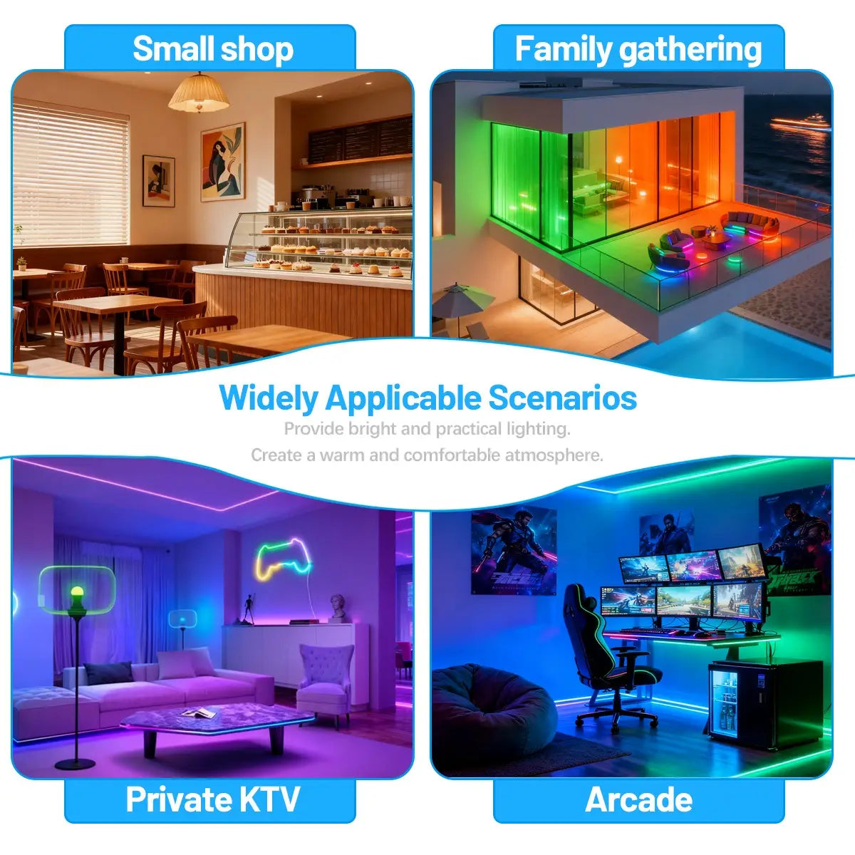 Colorful led strip lights featuring a rgbw dimmable color changing led bulb spotlight designed for versatile indoor lighting in small shops family gatherings private ktvs and arcades.