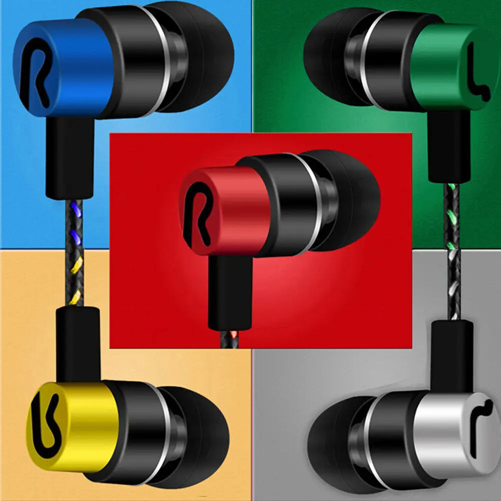 In-ear wired headphones with bass stereo effect in blue, green, red, yellow, and silver colors featuring black silicone tips and braided cables.