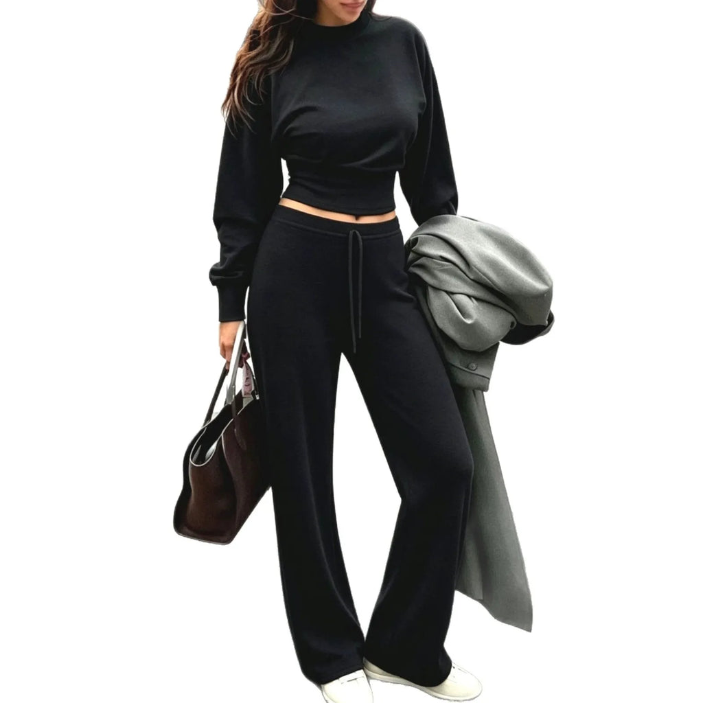 Women's Clothing Autumn and Winter New Casual Waist Top Wide-leg Pants Home Daily Two-piece Set