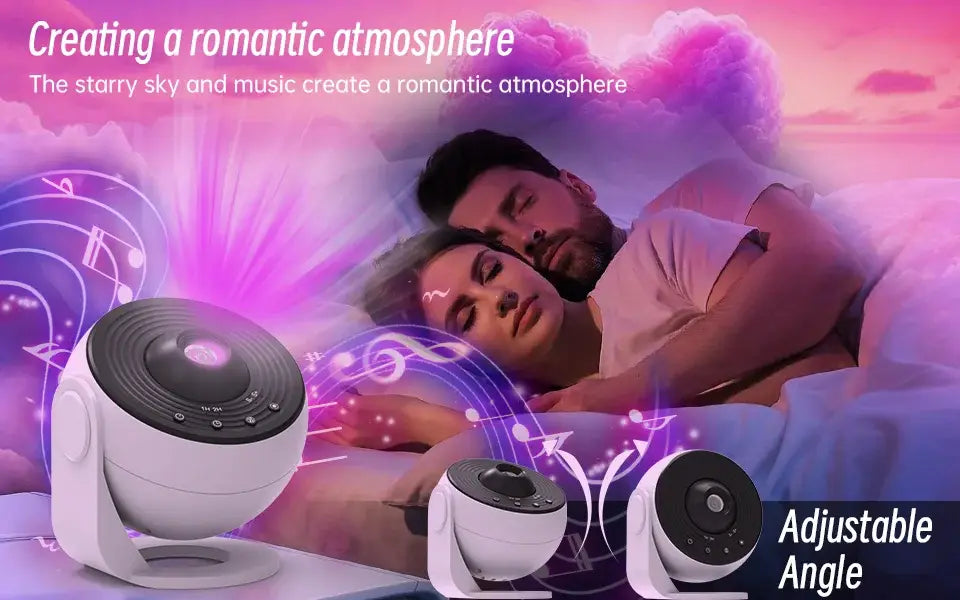 Galaxy-Projektor „Pro“ Nachtlicht in Weiß und Schwarz, kugelförmig, mit verstellbarem Winkel und Funktion für weißes Rauschen, ausgelegt für eine romantische Atmosphäre.