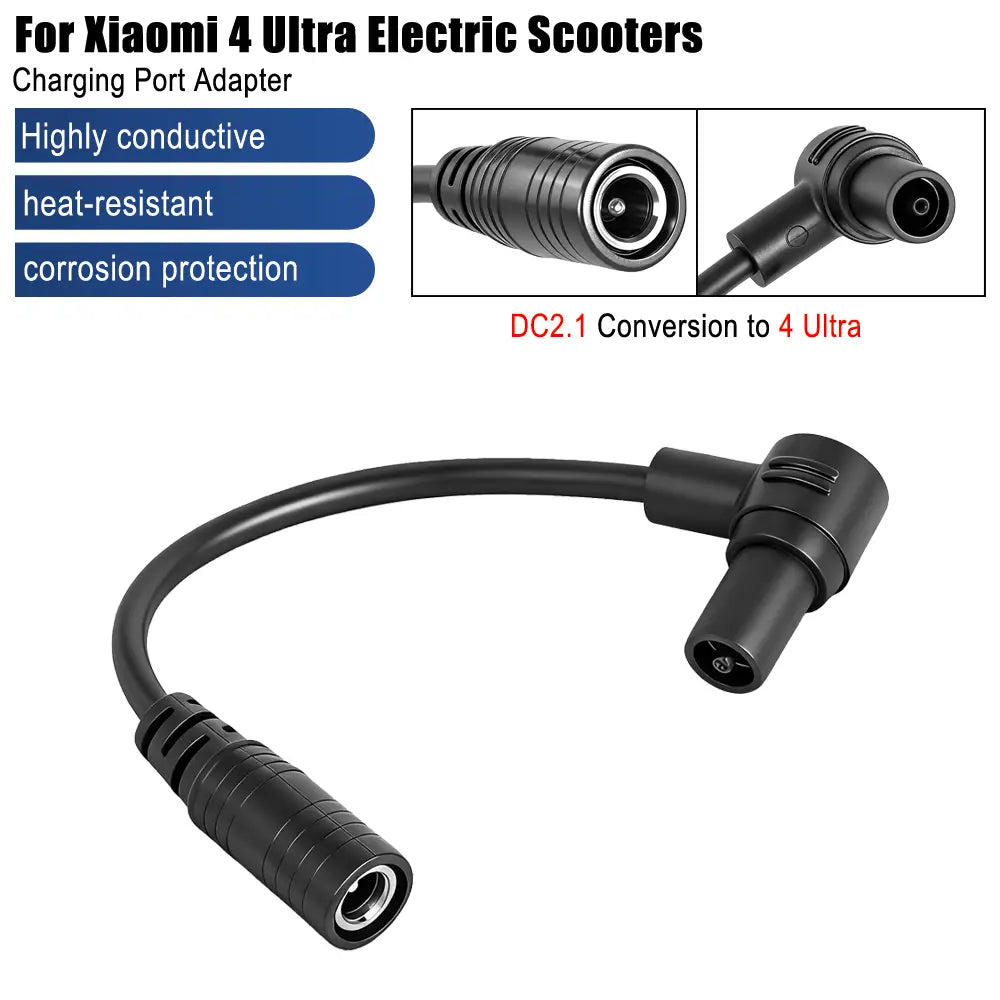 Cable adaptador del puerto de carga dc2.1 negro con conectores angulados para patinetes eléctricos Xiaomi 4 Ultra, mostrado desde el lado posterior.