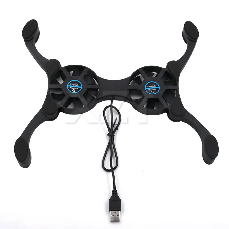 Black dual-fan laptop cooling pad with usb cable designed as a portable stand for efficient laptop cooling.