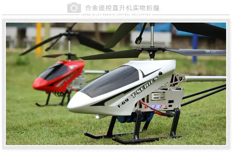 Remote control helicopter t-69 t-series alloy in white and black with a sleek aerodynamic design and lithium battery for extended flight.