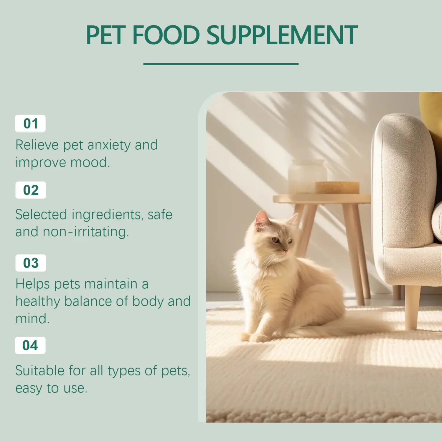A fluffy cream-colored cat with soft fur sits calmly on a textured rug bathed in sunlight illustrating the calming effects of pet anxiety relief drops for dogs and cats.
