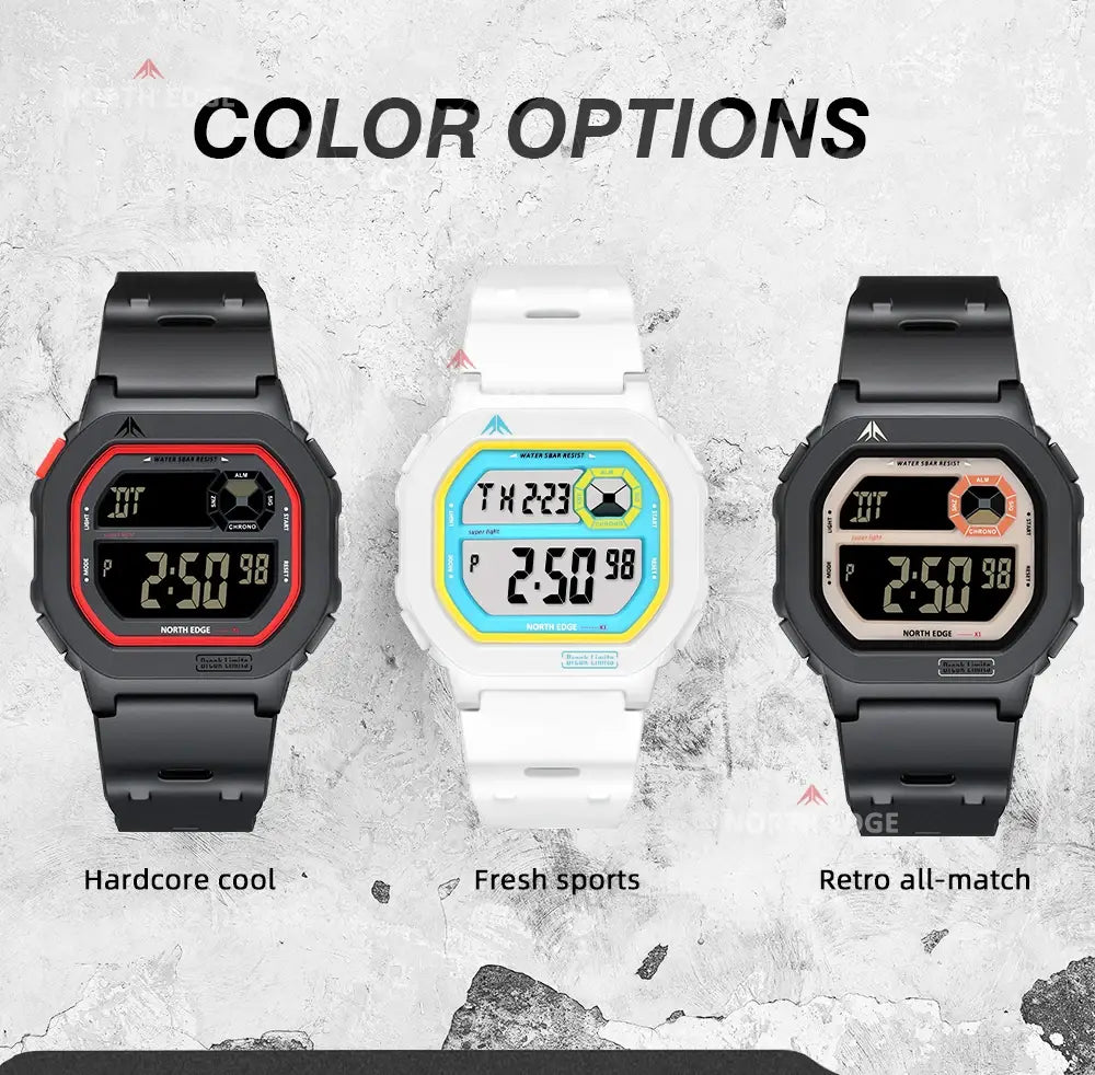 Three north edge digital sport watches with black abs plastic casings and straps featuring colorful lcd displays in red-black white-blue-yellow and black-orange colorways with battery included and 50m waterproof capability.