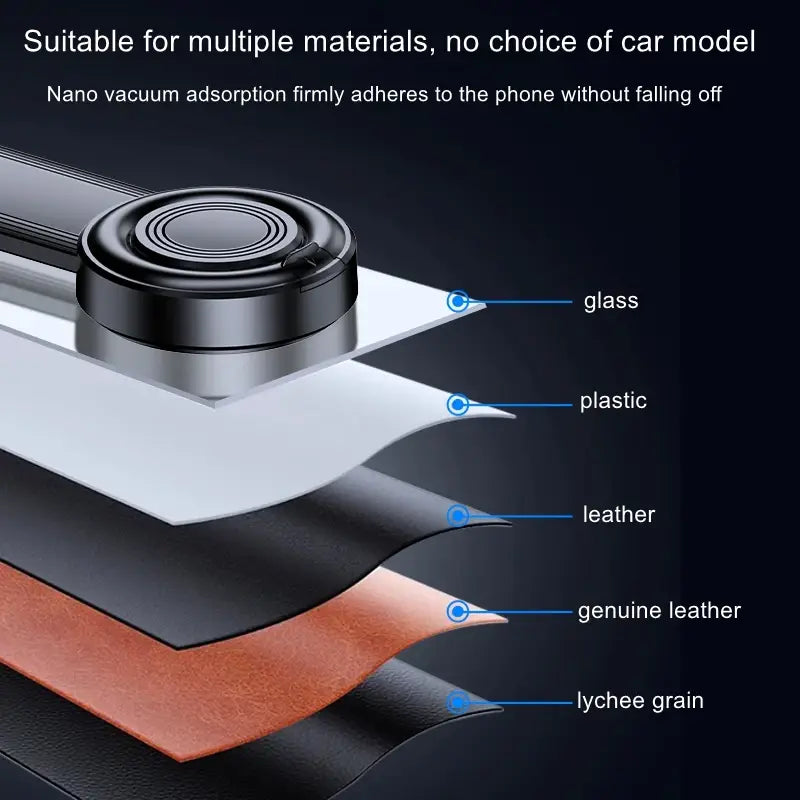 support de téléphone pour voiture magnétique à ventouse circulaire noire mettant en avant la technologie d’adsorption sous vide nano, pour un support réglable sur tableau de bord, vu de face