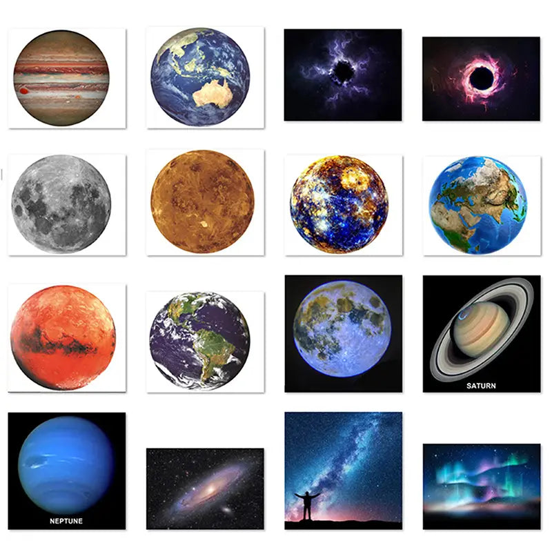 Set aus zwölf kreisförmigen Wandaufklebern im Weltraum-Thema mit detaillierten und lebendigen Planeten, darunter Jupiter, Erde, Saturn und Neptun, ausgelegt für die Verwendung mit einer usb-erdprojektionlampe und einem deckenmond-nachtlicht.