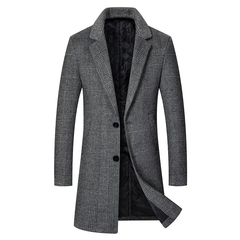 Men’s wool plaid overcoat slim fit winter jacket in gray with black quilted lining and two front buttons.