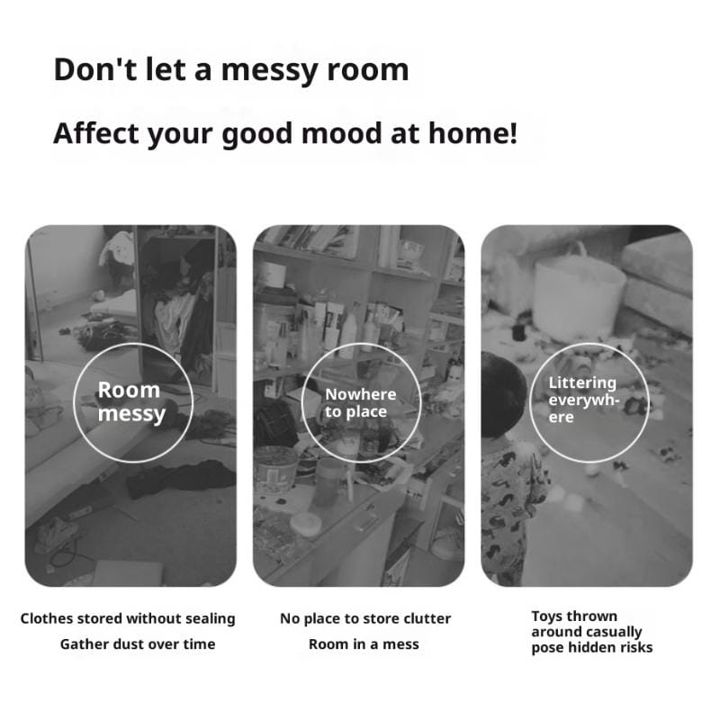Infographie noir et blanc montrant trois problèmes courants d’encombrement domestique avec du texte descriptif en dessous, faisant la promotion d’une boîte de rangement en plastique transparent avec couvercle et loquets, en grande taille environ, pour une organisation efficace.