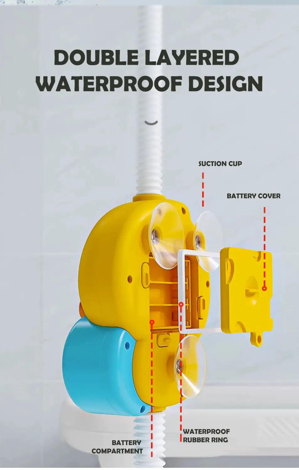 Jouet de bain électrique en forme de canard pour bébé, en jaune et bleu, avec une conception étanche à double couche et des ventouses pour un montage mural.