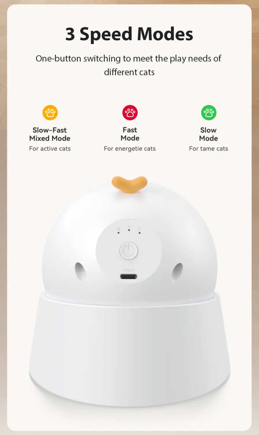 white cat-shaped interactive laser cat toy with a yellow paw print and three speed modes for different toys type.