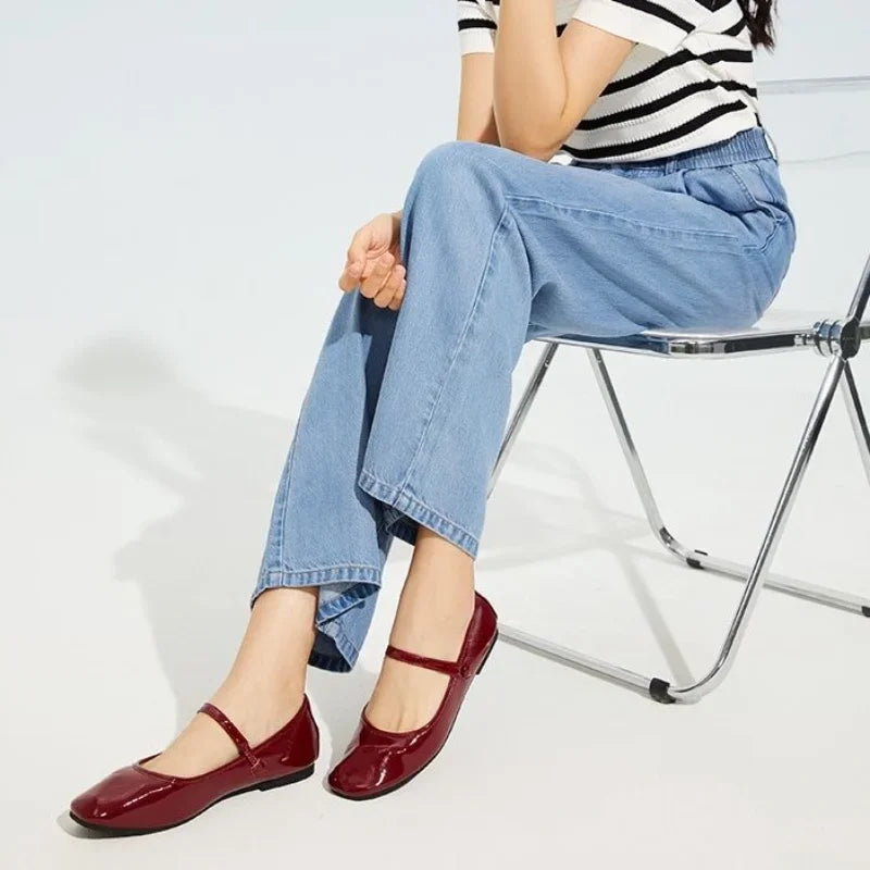 Luxury Leather Casual Wine Red Flat Shoes For Women Woman Footwear Flats Low Heel Elegant Square Toe On Sale With Discount Slip