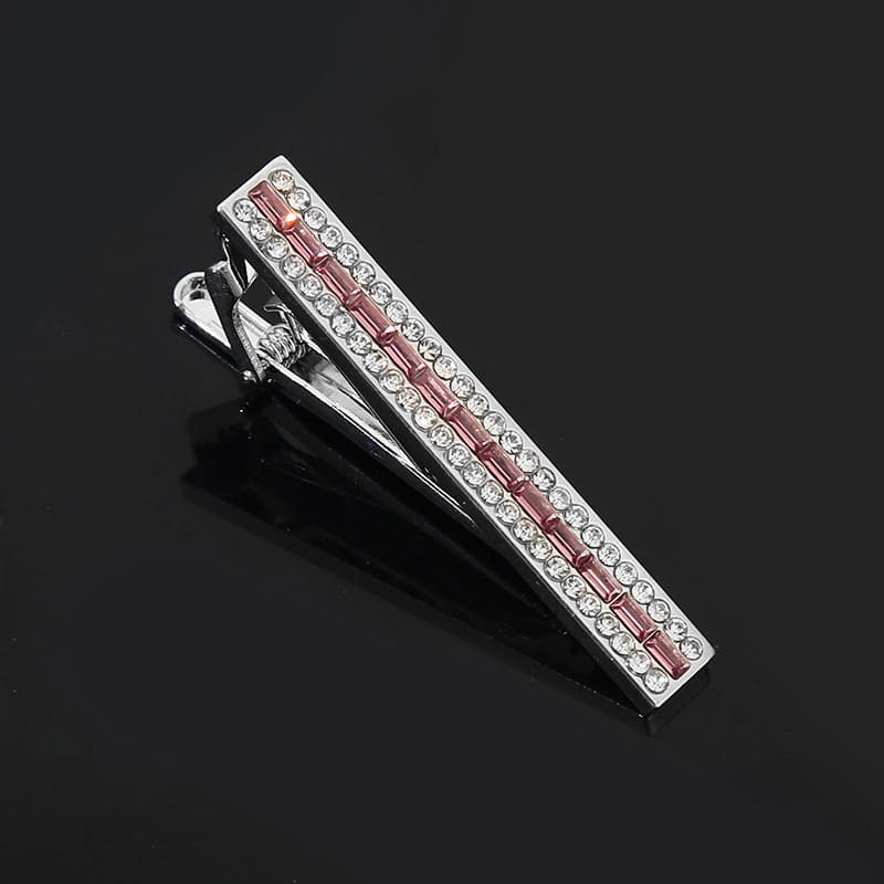 silver tie bar from crystal rhinestone tie clip set featuring a central row of pink rectangular crystals flanked by two lines of clear round rhinestones