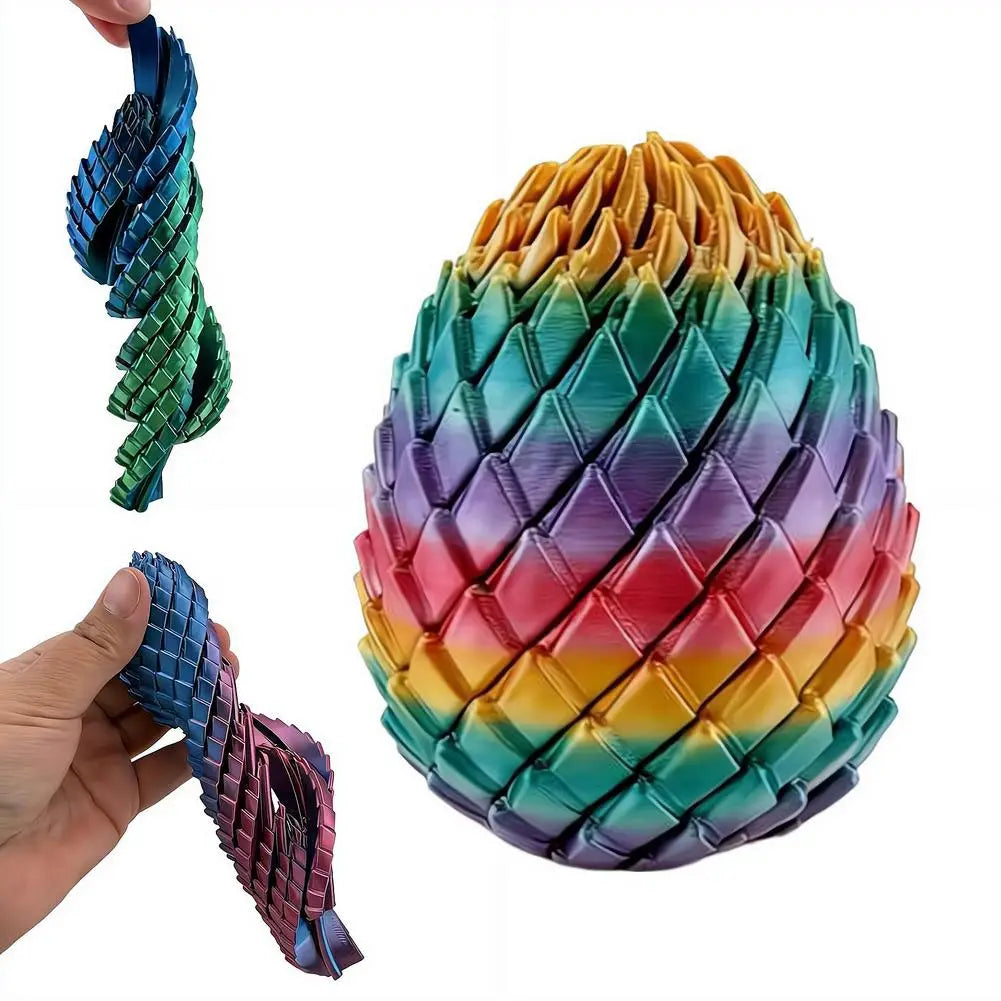 front view of a rainbow-colored segmented articulated dragon egg fidget toy with interlocking plastic puzzle pieces and a textured surface
