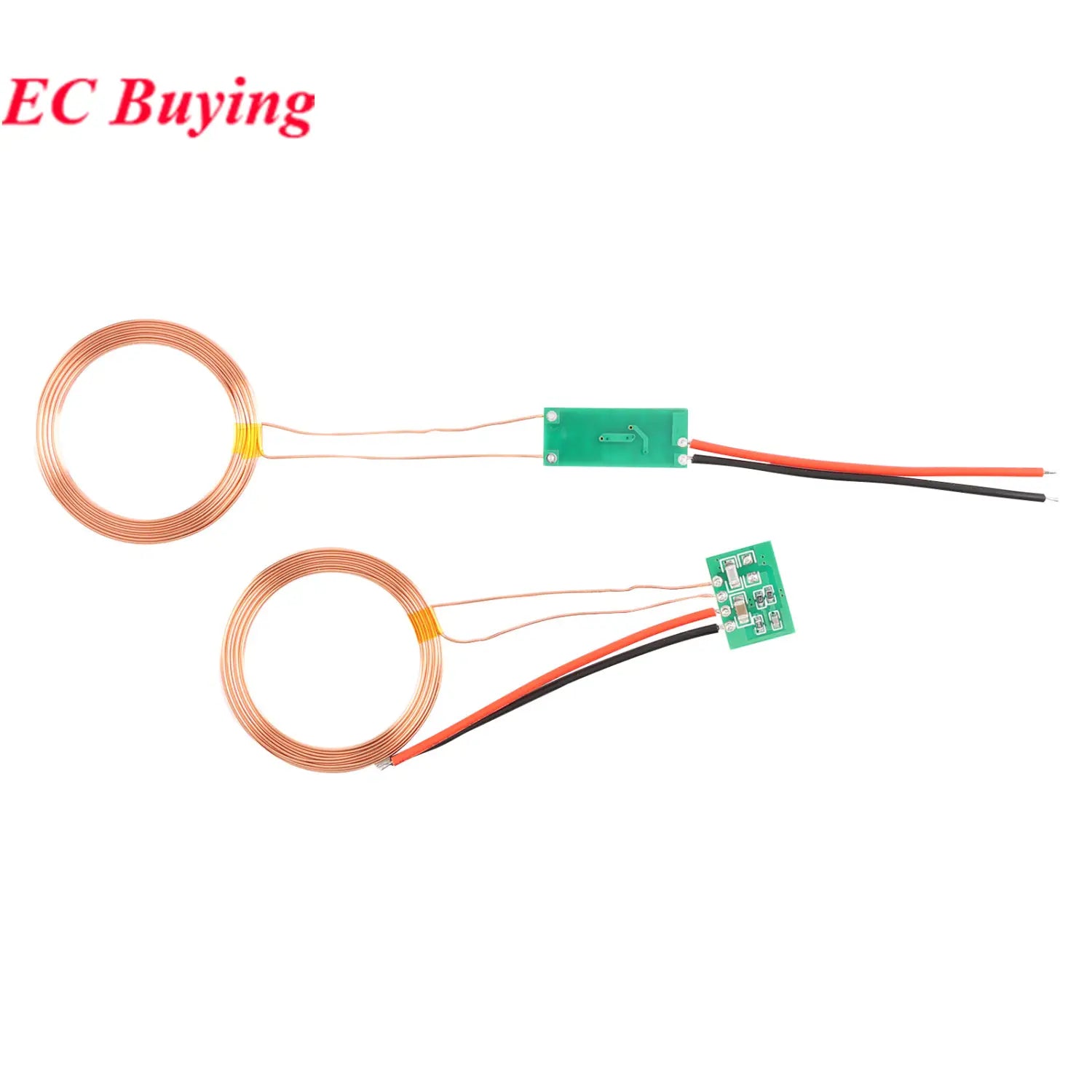 Wireless charging module 5v 12v power supply circuit board featuring two copper-coil wireless charging coils with green circuit boards and red and black wires.