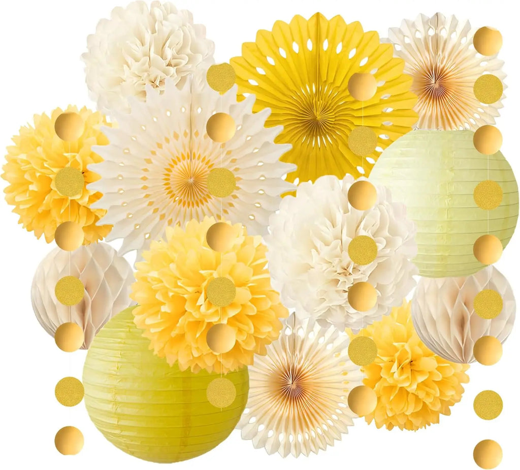 Yellow Party Decorations Yellow and Cream Paper Fans Paper Lanterns Pom Poms Flowers for Baby Shower Birthday Wedding Party