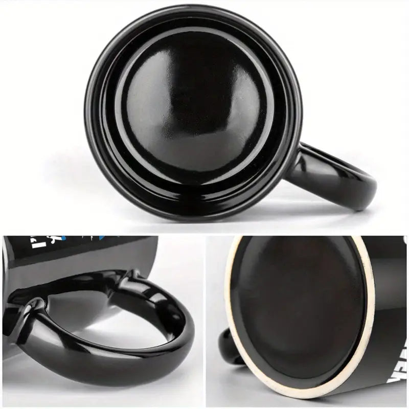 Black ceramic Easter egg coffee mug with glossy finish and white rim for spring use.