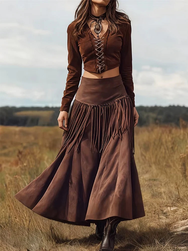 New Ethnic Elegant Solid Tassel Slim Fit Midi Skirt Brown Wide Hem Long Skirt Party Evening Dresses Versatile  Female Clothing