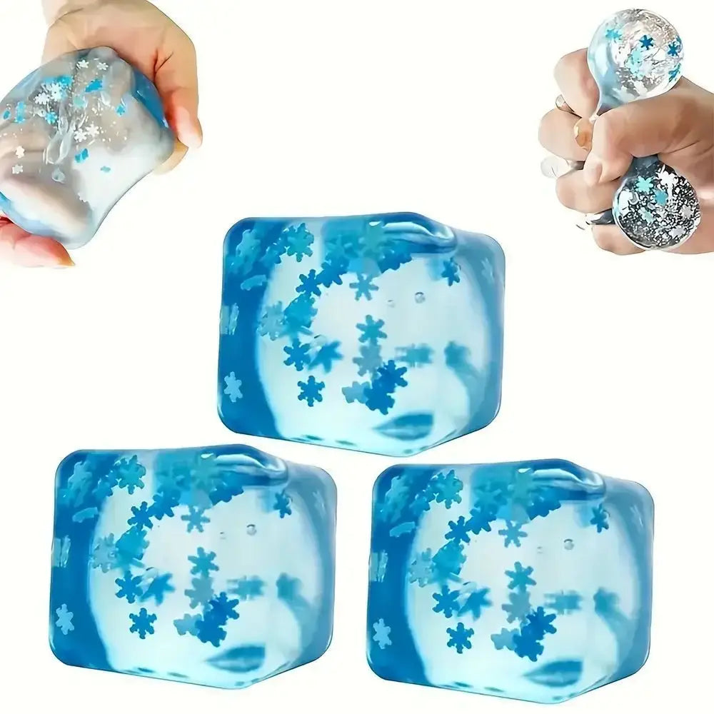 Boule anti-stress souple bleue remplie de flocons de neige, fabriquée en matériau souple, conçue comme jouet sensoriel pour soulager le stress.