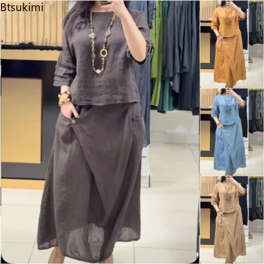 2025 New Chic Women's Two Piece Set Casual Solid Color Blouse Top And Loose Midi Skirt Suit 2 Piece Sets Lady Elegant Outfit