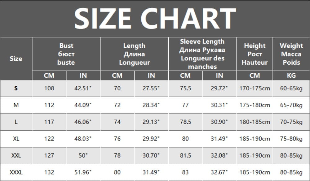 Size chart for mens raglan long sleeve casual t shirt showing measurements in centimeters and inches for sizes s to xxxl.