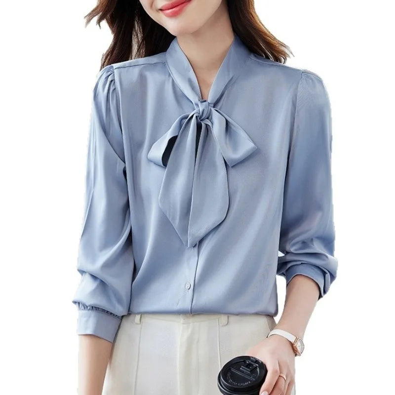 Women Elegant Satin Blouse Bow Tie Neck Puff Long Sleeve Formal Office Work Shirt For Spring Autumn