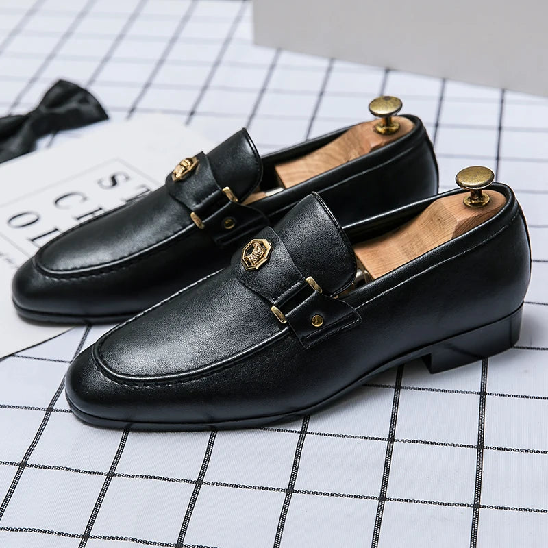 Men Business Dress Casual Fashion Elegant Formal Shoes Slip-on Evening Dress Loafers Party Metal Buckle Wedding Leather Shoes