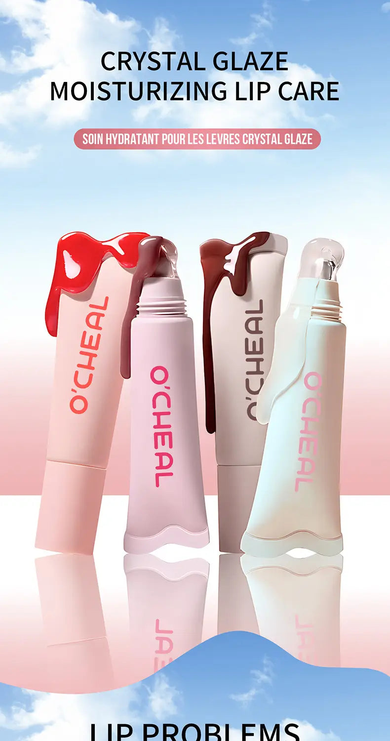 Pink and white O’Cheal crystal glaze moisturizing lip care tubes with glossy dripping lip balm designs featured in hydrating fruit flavored glossy lip balm product.