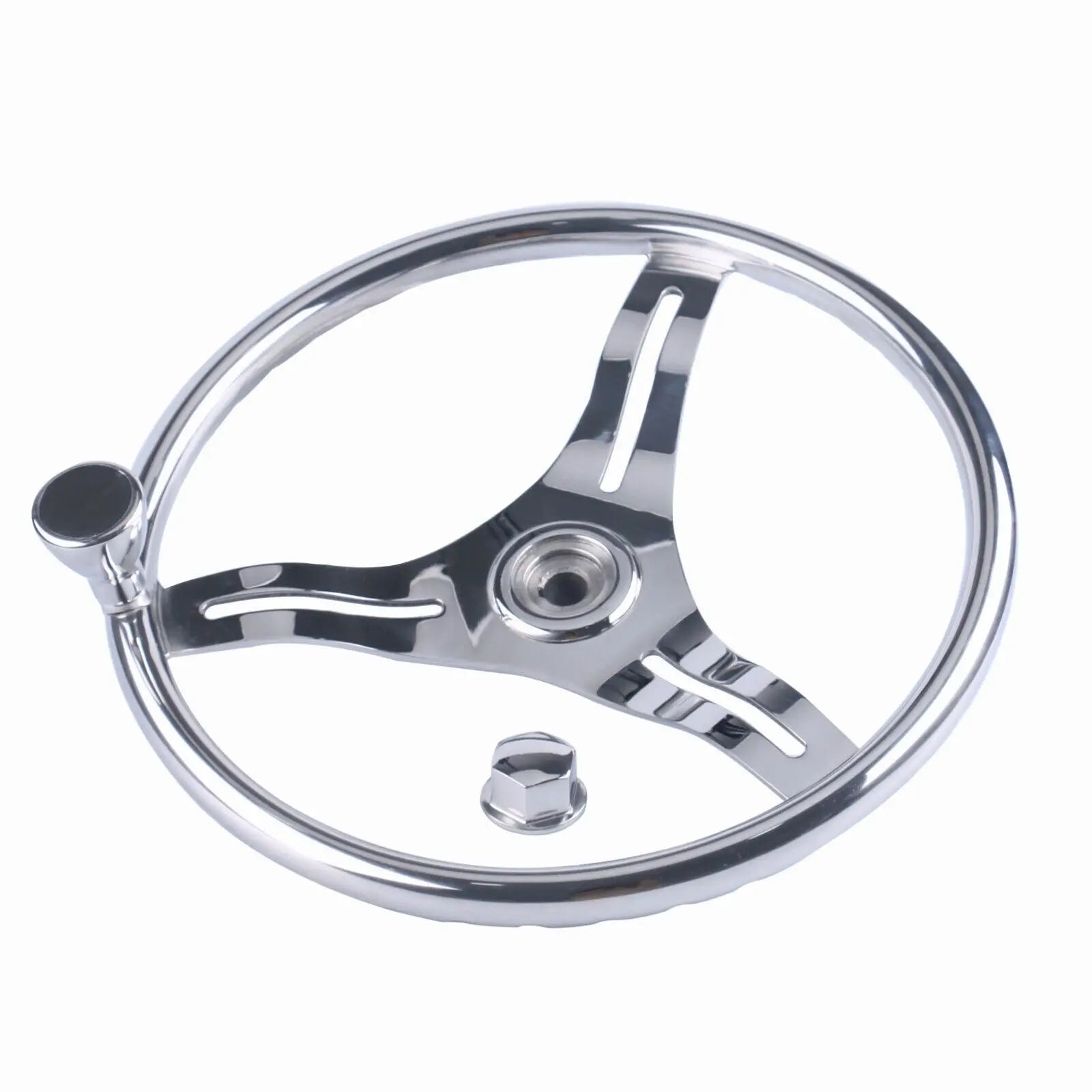 Boat Accessories 13.5'' Stainless Steel Steering Wheel with 5/8 Nut ,3 Spoke Knurling for Marine Boat / Yacht with Power Knob