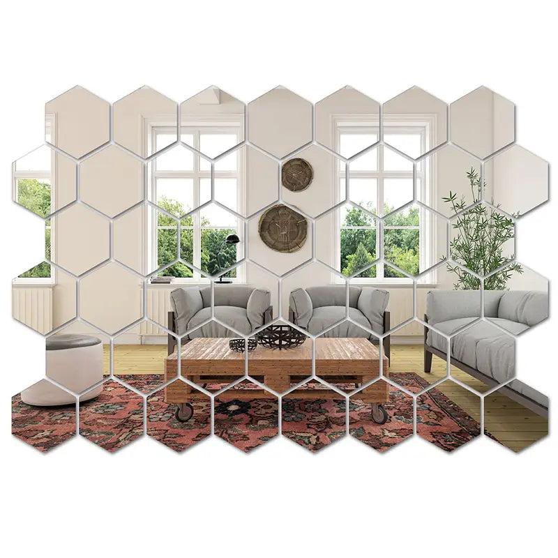 Acrylic hexagon wall sticker set of 45 pieces featuring hexagonal mirror panels with reflective silver frames for decorative wall use.