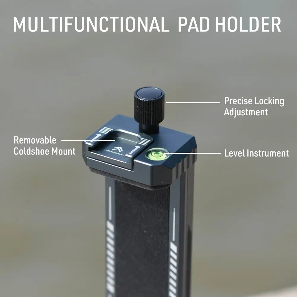 Black aluminum tripod mount adapter tablet clamp featuring a multifunctional pad holder with a textured knob, built-in level instrument, and removable coldshoe mount.