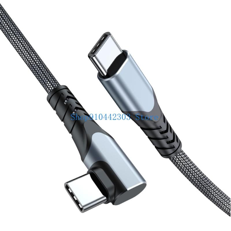 Câble USB-C tressé noir et argent avec connecteurs coudés, conçu pour une charge rapide de 100 W et compatible avec un embout droit.