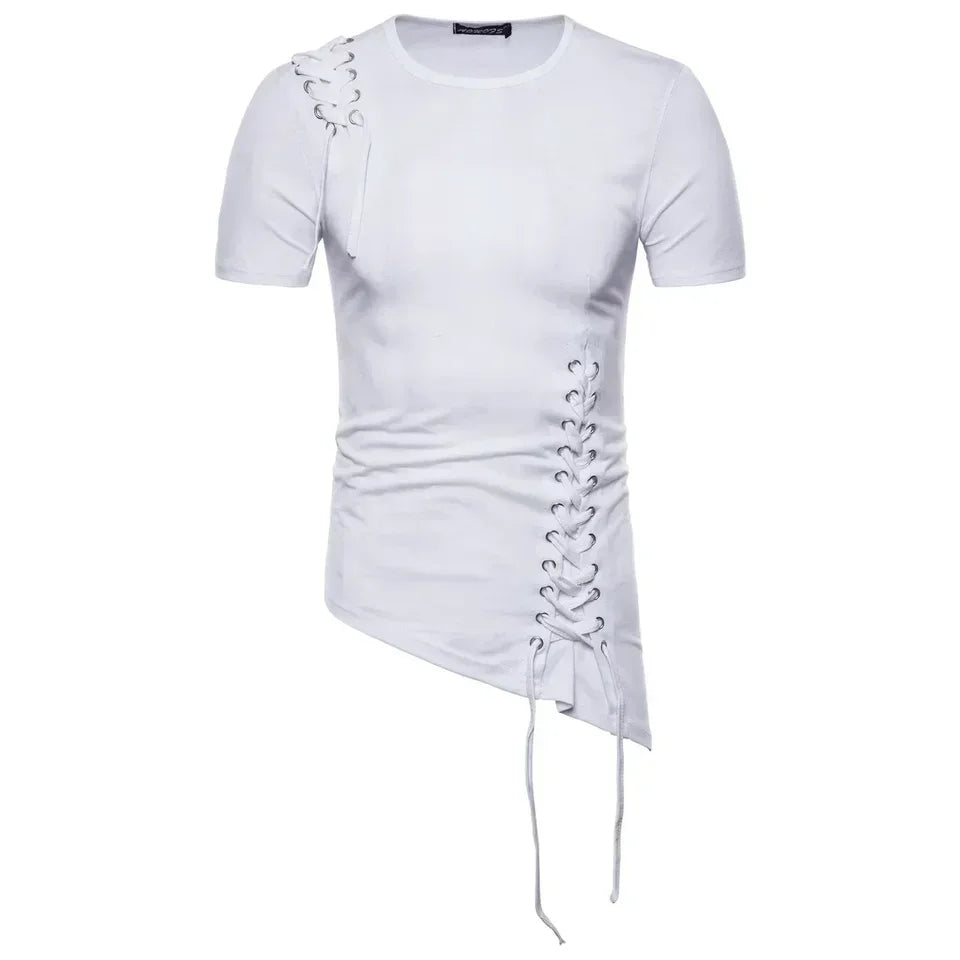 New Men's Summer Short Sleeve T-shirts Trend Irregular Design Lace Up Solid Slim Tees Fashion Gothic Style Casual Shirts Men