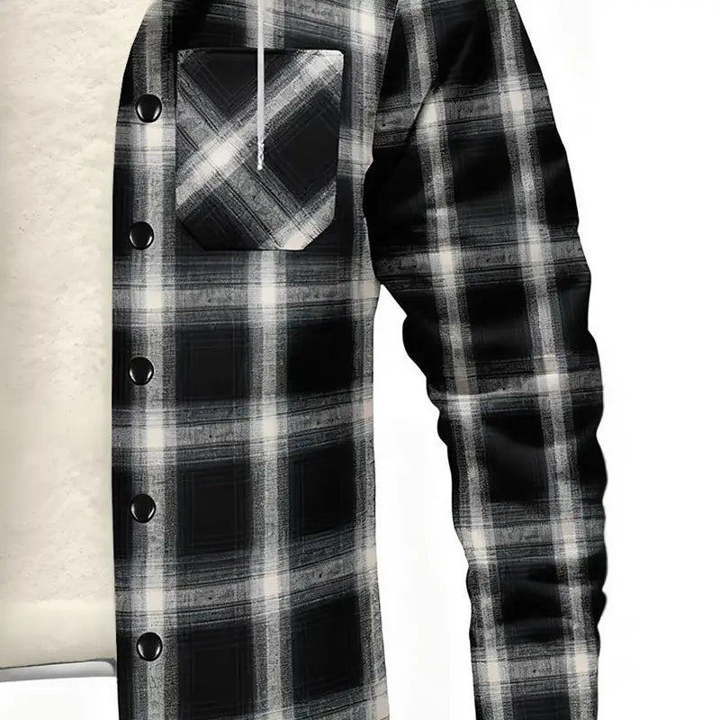 Chaqueta con capucha Y2K de polar a cuadros para hombre con diseño de camisa de franela a cuadros negro y blanco, con cierre frontal mediante botones.