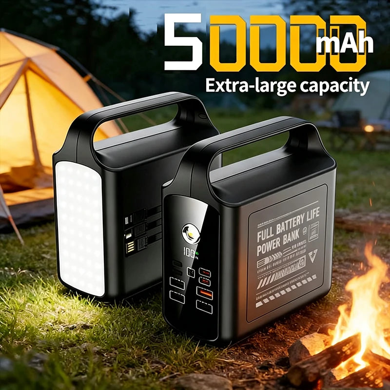 50000mAh Power Bank Large Capacity Portable Outdoor Emergency Power Supply Built-in Cable Camping Light For iPhone Xiaomi