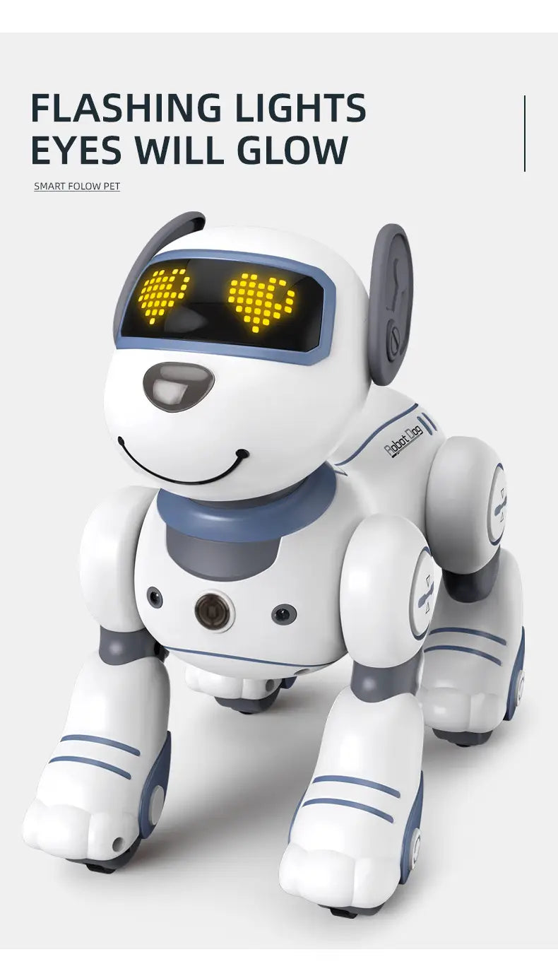 黄色のハート型LEDの目を発光させる白と青の配色のスマートロボット犬のおもちゃの音声制御機能付き。