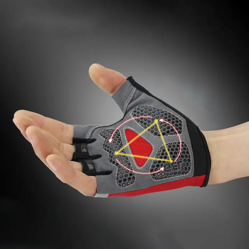 Guantes de ciclismo de media yema en color gris y rojo con detalles negros y acolchado transpirable perforado para su uso en entrenamientos de fitness, mostrados por el lado trasero.