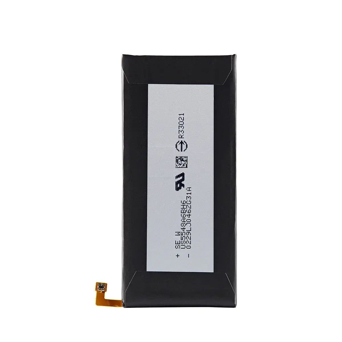 black rectangular original bl-t30 battery for lg x power 2 m320f m320n m322 with white label and orange flexible circuit connector extending from the bottom showing the back side