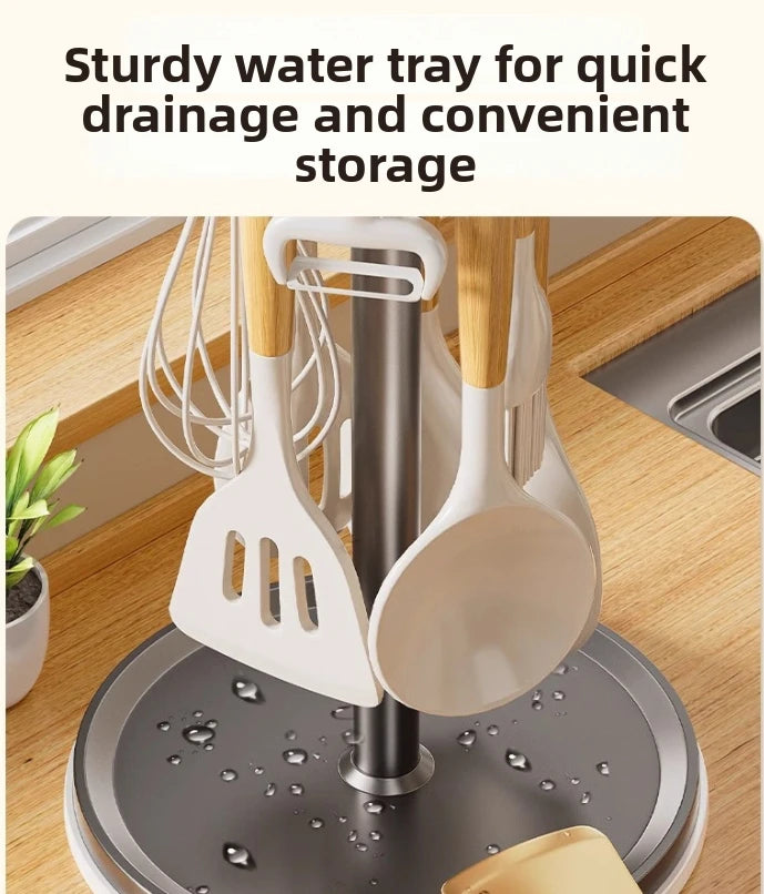 Kitchen Utensil Stand: Rotating Storage Hanger with 8 Hooks,for Countertop Organization Rotatable Cooking Utensils Holder