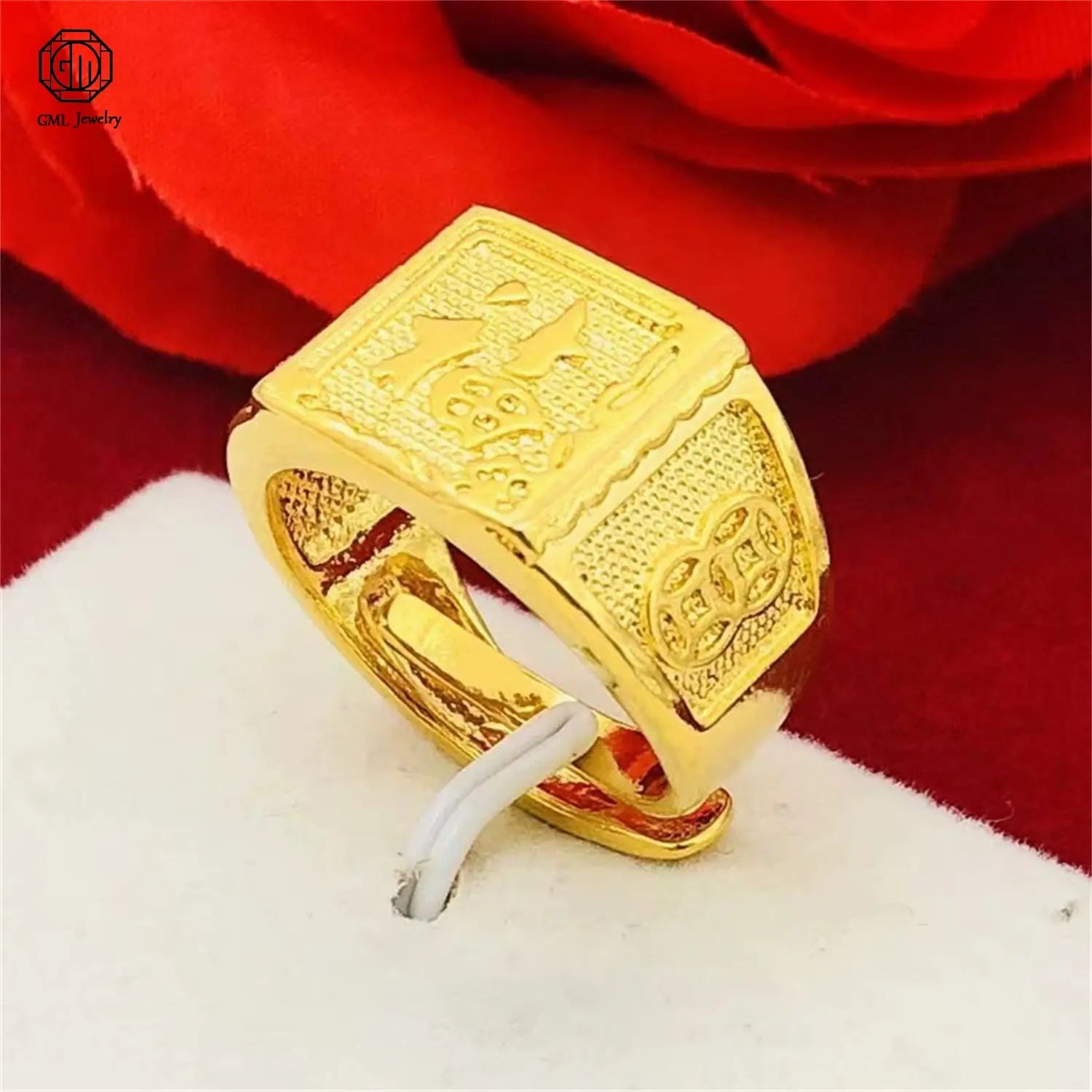 A square-shaped sand gold adjustable ring with intricate engraved Chinese characters and patterns featuring a textured surface and polished fade resistant finish.